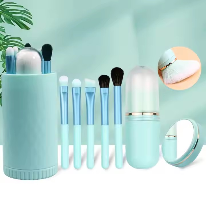 6 in 1 Small Cute Makeup Brush Set Custom Portable Travel Size Face Makeup Brush Eyebrow Pencilbrush Holder with Mirror