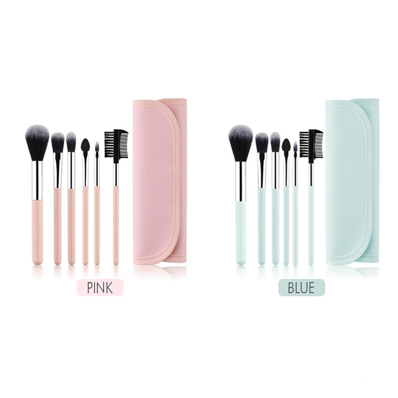 6PCS Mini Pink Makeup Brush Set with Makeup Bag with Eyebrow Shaper Travel Makeup Brush Set