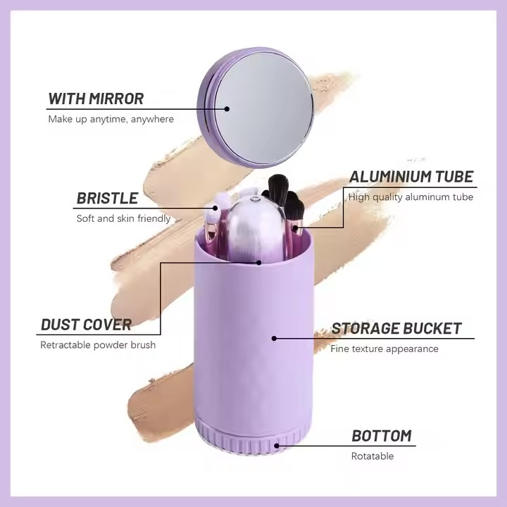 6 in 1 Small Cute Makeup Brush Set Custom Portable Travel Size Face Makeup Brush Eyebrow Pencilbrush Holder with Mirror