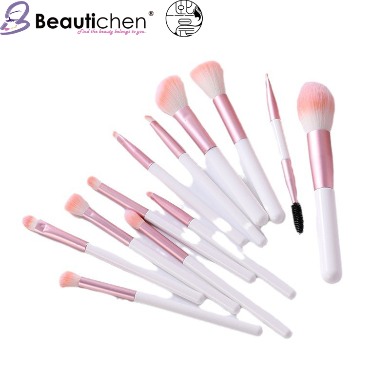 Beautichen 12PCS Pink Plush Makeup Brush Set with Beige Bow Pouch - Beginner-Friendly Stippling Blush &amp; Loose Powder Eyeshadow Brushes Full Kit