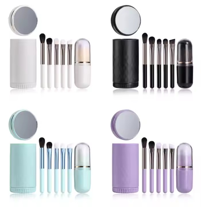 6 in 1 Small Cute Makeup Brush Set Custom Portable Travel Size Face Makeup Brush Eyebrow Pencilbrush Holder with Mirror