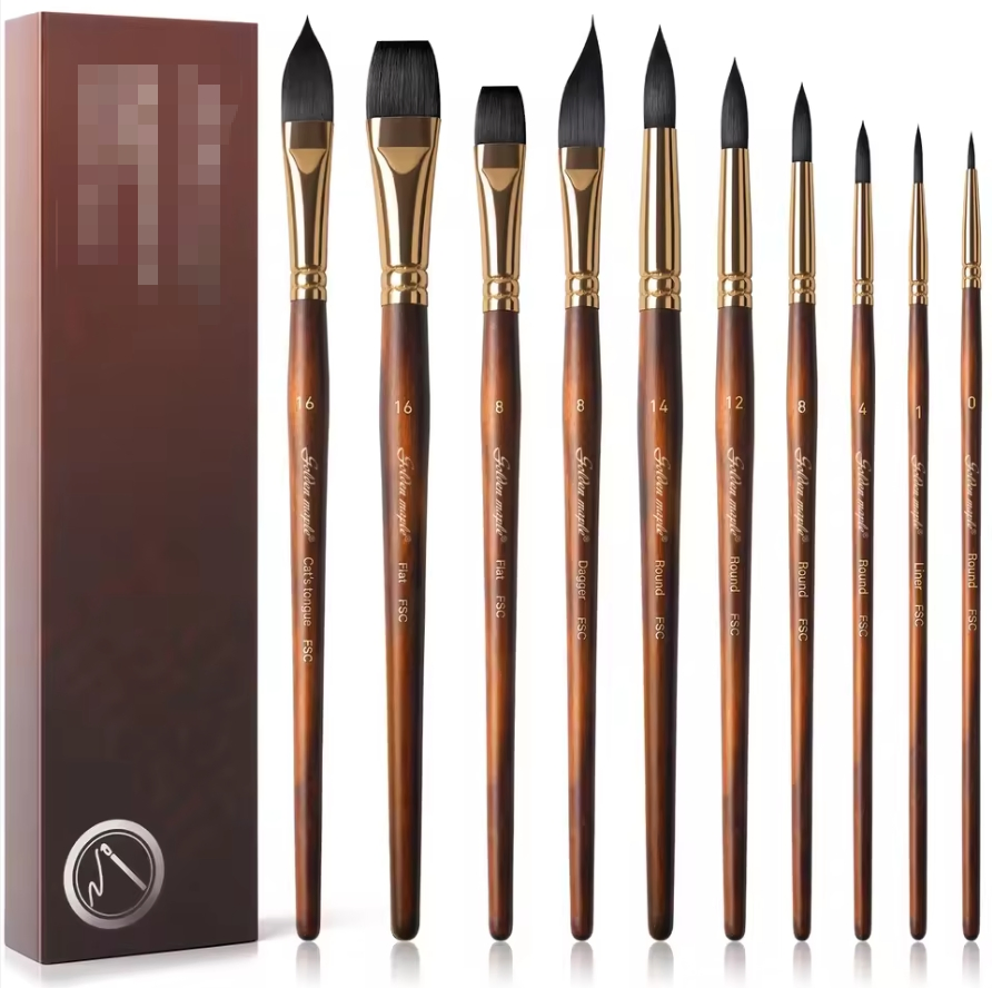 Golden Maple 10PCS Paint Brush Soft Synthetic Squirrel Hair Flat Round Pointed Bristle