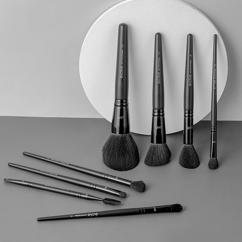 Beautichen 8PCS Black Wood Handle Fiber Bristles Brush Set - Powder/Contour/Highlight/Eyeshadow/Brow Brushes Full Kit, Factory Direct Wholesale