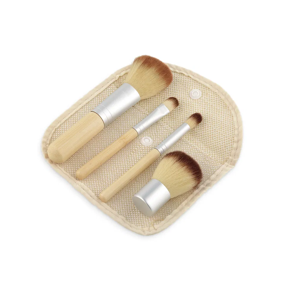 4PCS Face Eye Shadow Soft Hair Wooden Bamboo Handle Nail Art Cosmetic Makeup Brush Set with Bag
