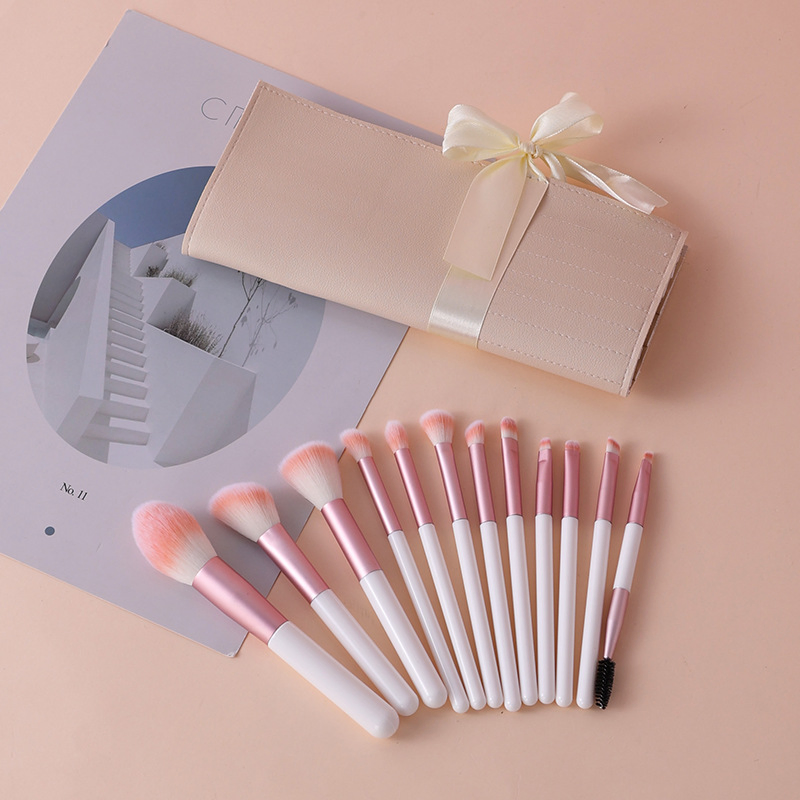 Beautichen 12PCS Pink Plush Makeup Brush Set with Beige Bow Pouch - Beginner-Friendly Stippling Blush &amp; Loose Powder Eyeshadow Brushes Full Kit