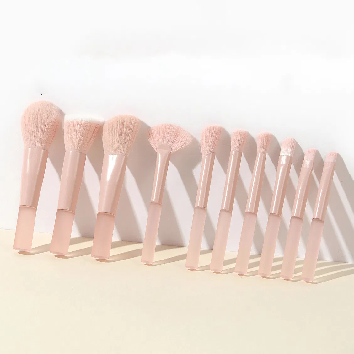 Beautichen 10-Piece Pink Acrylic Mini Travel Makeup Brush Set - High-Gloss Loose Powder Brushes Essential, Compact Cosmetic Kit