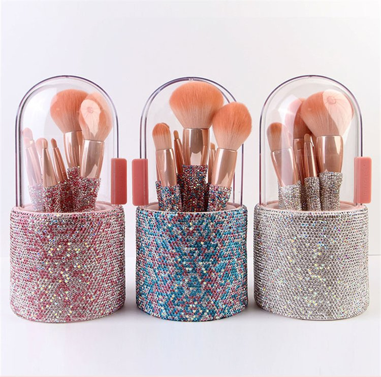 8PCS Make up Brushes Glitter Custom Luxury Bling Rhinestone Makeup Brushes Set Private Label with Holder