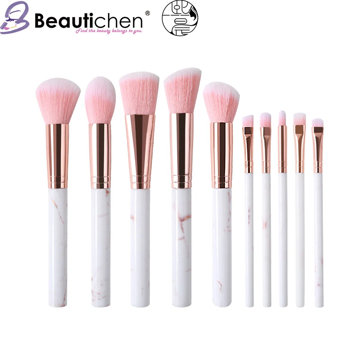 Beautichen 10PCS Pink Marble Vein Makeup Brush Set (5 Large + 5 Small) - Factory Direct Blush/Foundation/Eyeshadow Brushes Bulk Supply