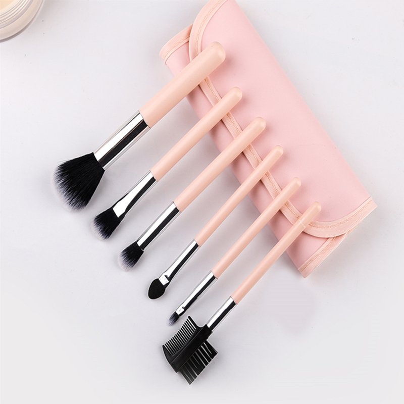 6PCS Mini Pink Makeup Brush Set with Makeup Bag with Eyebrow Shaper Travel Makeup Brush Set