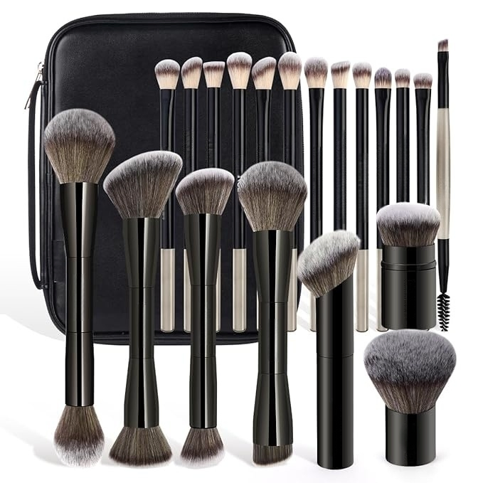 Beautichen Luxury Makeup Brush Set with 9 Professional Brushes - Natural Brown Hair &amp; Gold Geometric Handles, Champagne &amp; Dark Brown Design, Velvet Lined Case