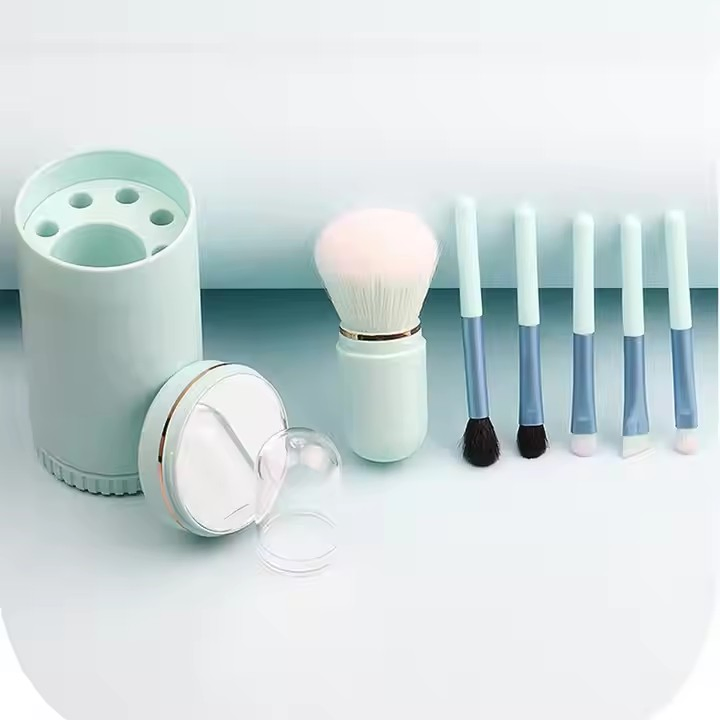 Portable 6 in 1 Mini Beauty Brush Set with Mirror Travel Makeup Eyeshadow Lip Face Eve Brush