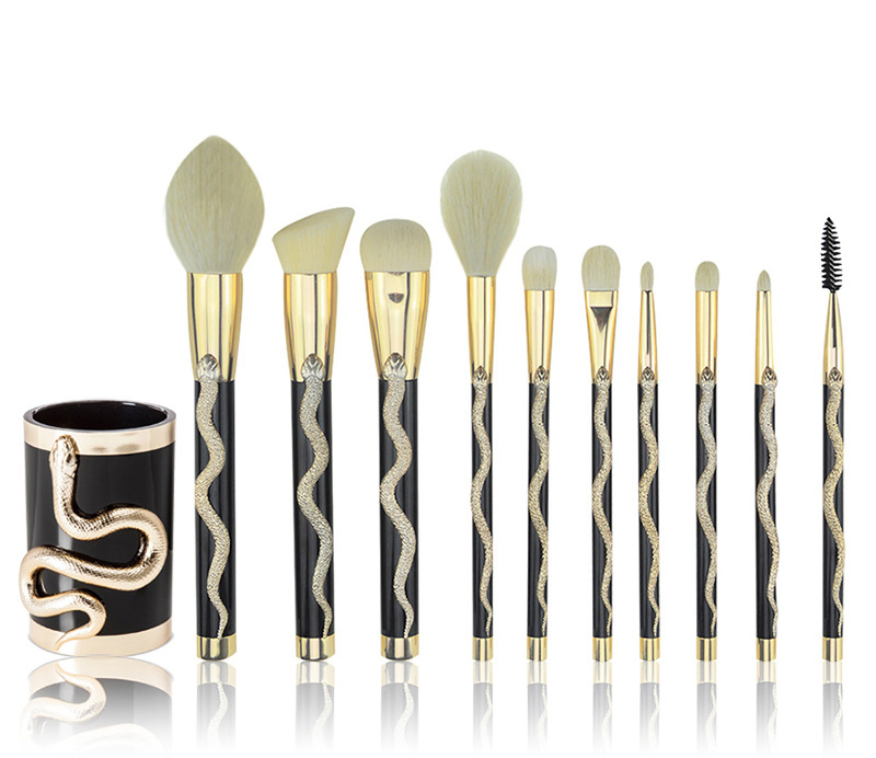 Professional Wood Handle Natural Hair 10PCS Makeup Brush Set with Luxury Cosmetic PU Bag