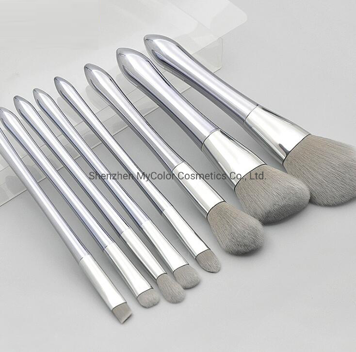 8PCS Light Silver Makeup Brush Brown White Synthetic Hair Luxury Custom Logo Makeup Brush Set Vegan