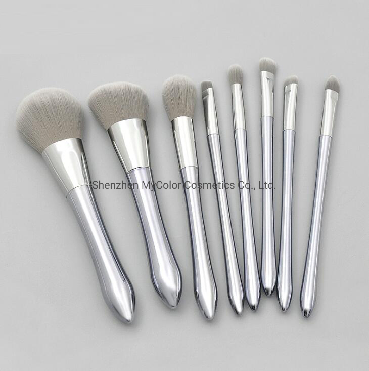 8PCS Light Silver Makeup Brush Brown White Synthetic Hair Luxury Custom Logo Makeup Brush Set Vegan