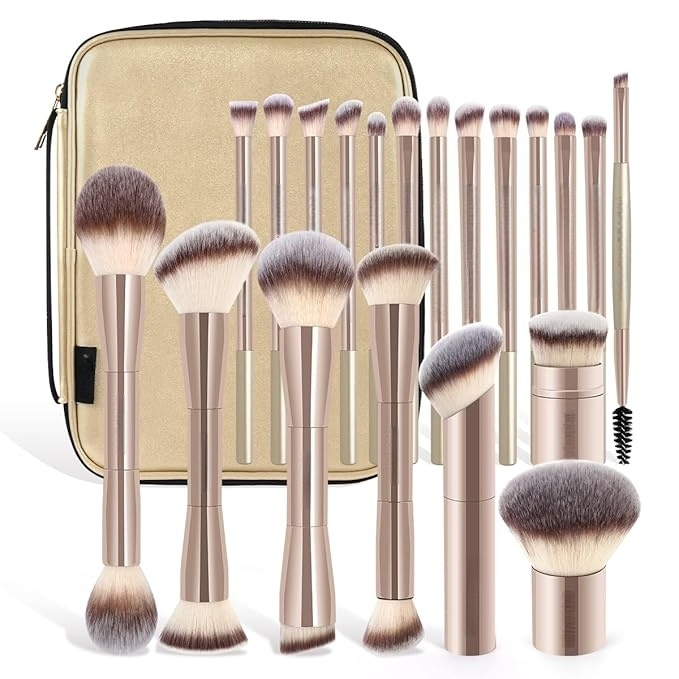 Beautichen Luxury Makeup Brush Set with 9 Professional Brushes - Natural Brown Hair &amp; Gold Geometric Handles, Champagne &amp; Dark Brown Design, Velvet Lined Case