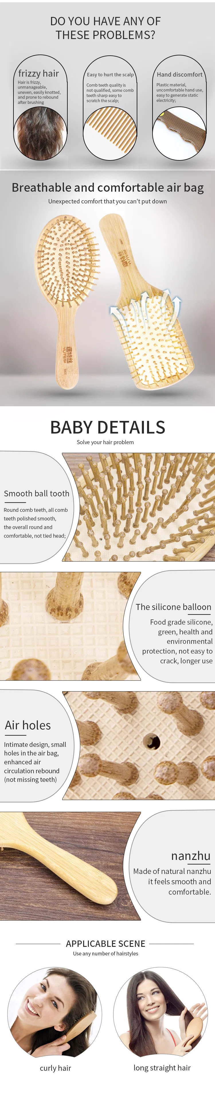 Professional High Quality Natural Bamboo Round Paddle Hair Massage Brush Detail Showcase 1