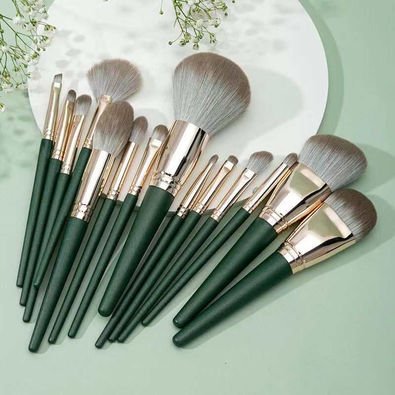 Beautichen 14PCS Green Makeup Brushes Set Soft with Cosmetic Bag - Beginner Loose Powder Foundation Blush Cosmetic Tools OEM