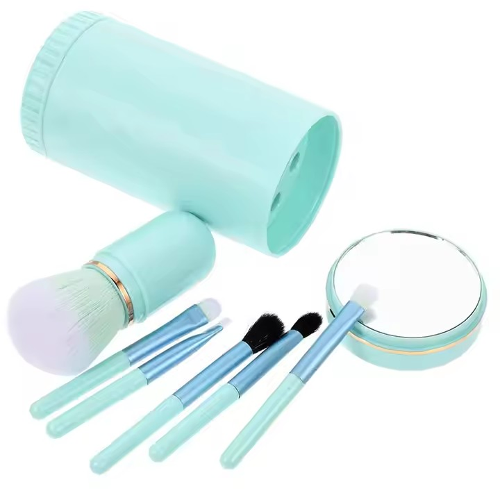 Portable 6 in 1 Mini Beauty Brush Set with Mirror Travel Makeup Eyeshadow Lip Face Eve Brush