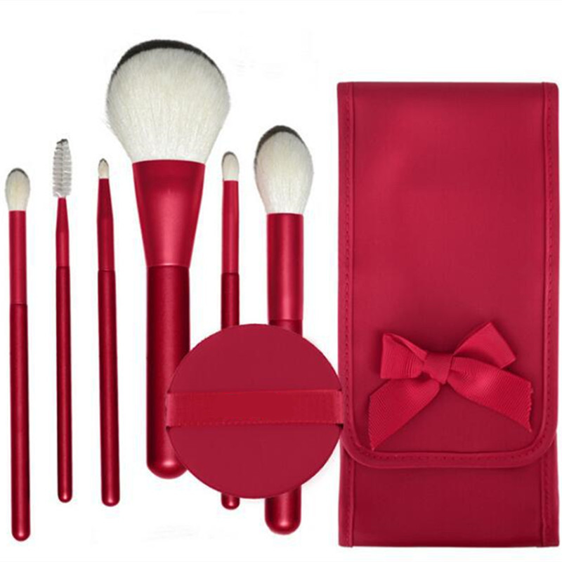 6PCS Natural Wool Hair Red Makeup Brush Set with Bag and Air Cushion Beauty Powder Blend Brush Eye Brush Tool