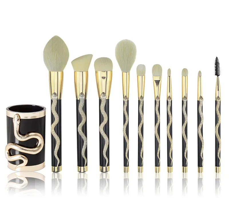 Professional Wood Handle Natural Hair 10PCS Makeup Brush Set with Luxury Cosmetic PU Bag