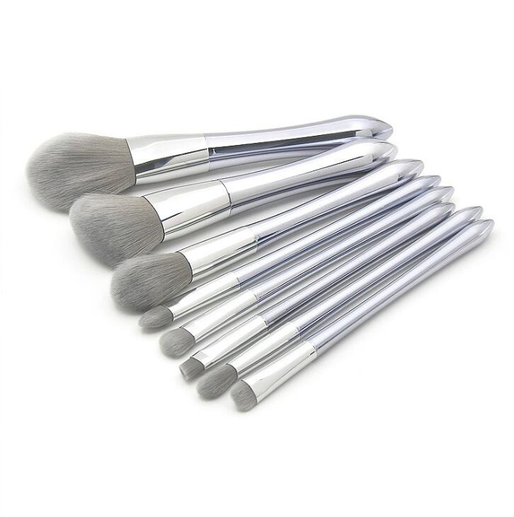 8PCS Light Silver Makeup Brush Brown White Synthetic Hair Luxury Custom Logo Makeup Brush Set Vegan