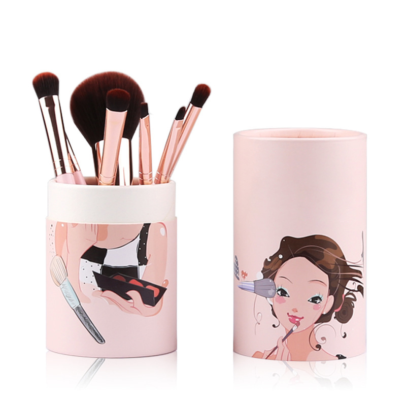 Beautichen 7-Piece Pink Makeup Brush Set with Wooden Handle &amp; Brush Holder