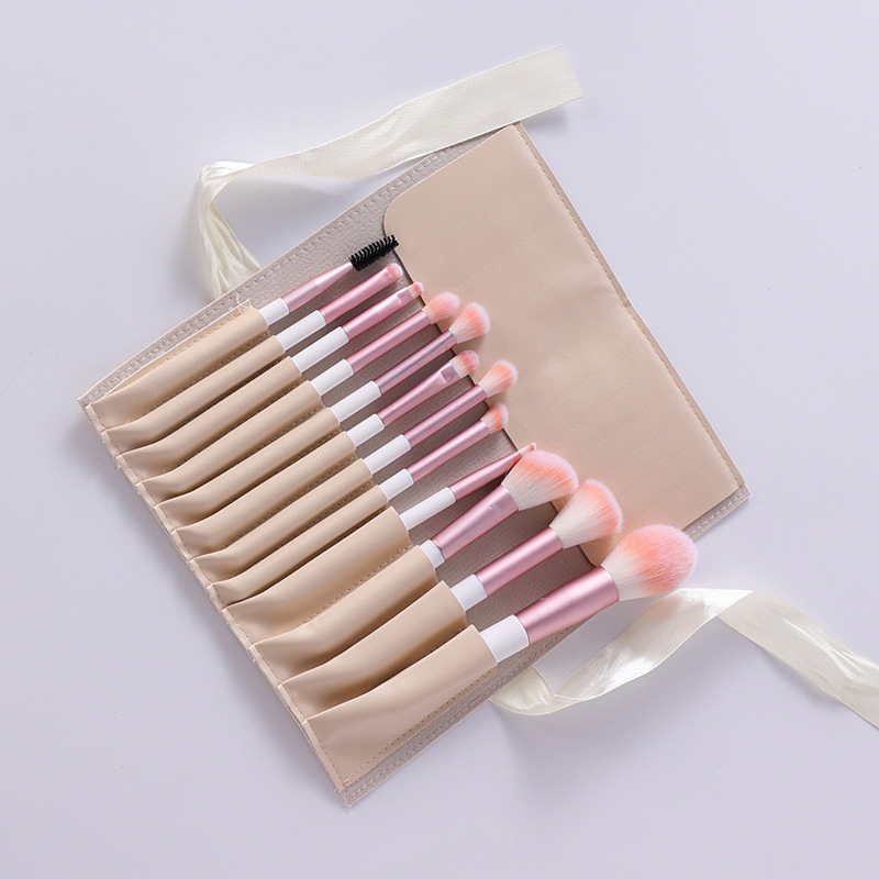 Beautichen 12PCS Pink Plush Makeup Brush Set with Beige Bow Pouch - Beginner-Friendly Stippling Blush &amp; Loose Powder Eyeshadow Brushes Full Kit