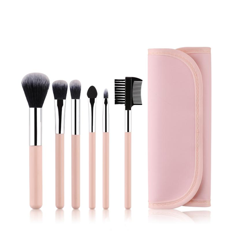 6PCS Mini Pink Makeup Brush Set with Makeup Bag with Eyebrow Shaper Travel Makeup Brush Set