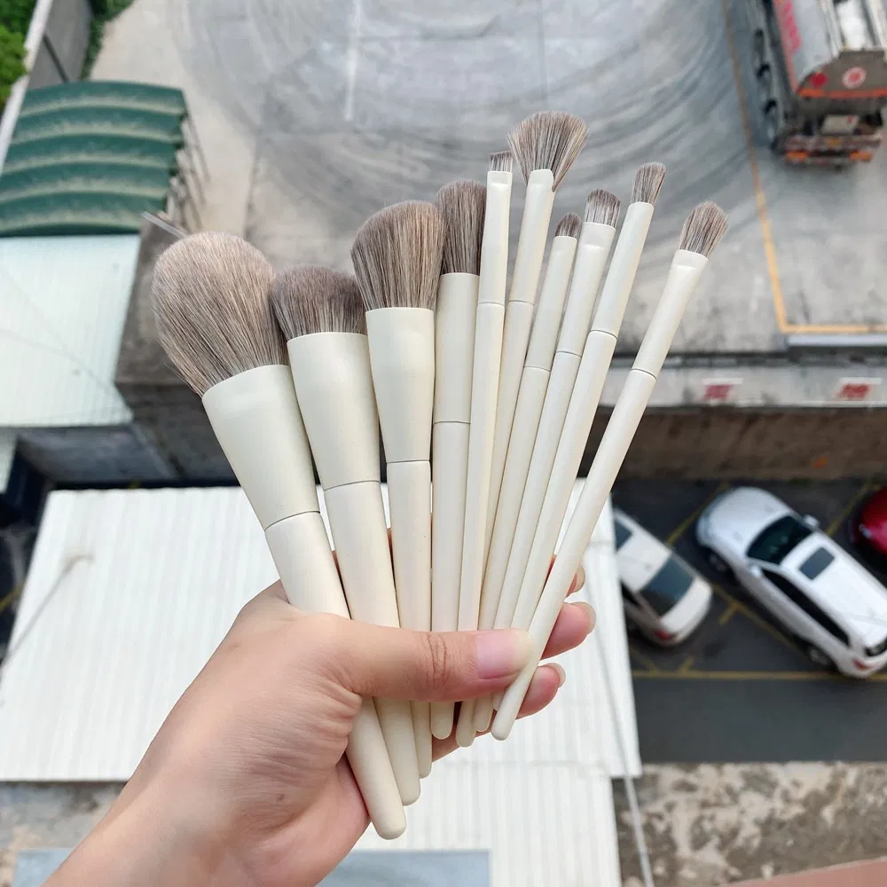 10PCS Wood Handle Beige Soft Synthetic Hair Makeup Brush Set with Bag Private Label