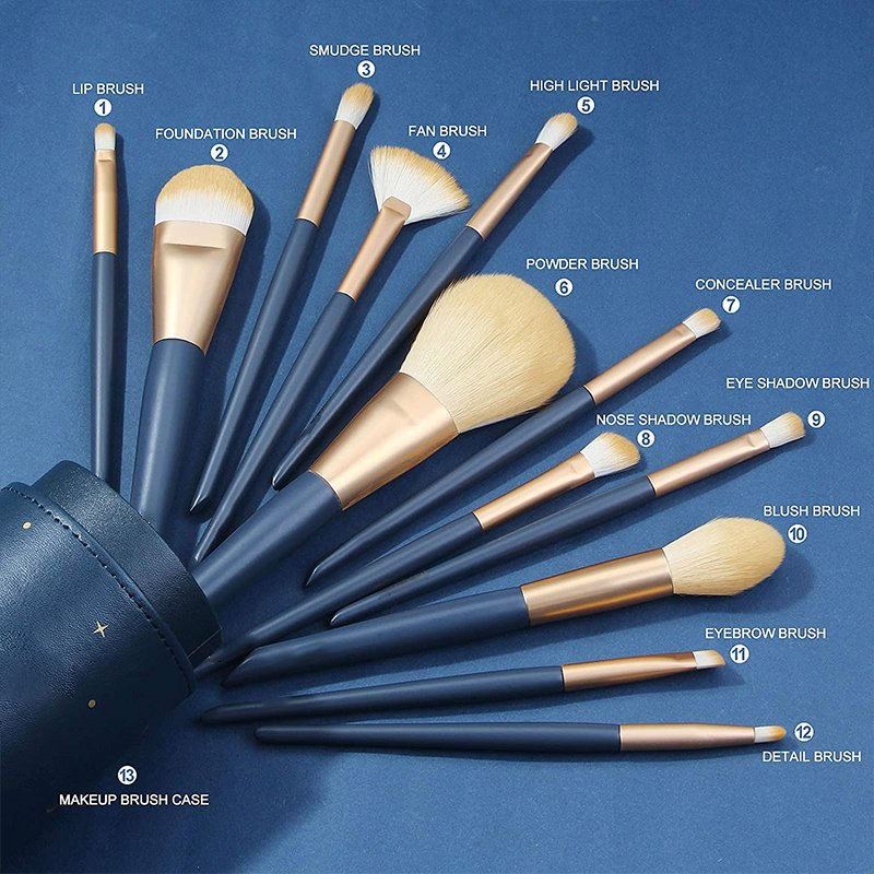 Wholesale 12PCS Makeup Brushes Professional Portable Synthetic Hairs Blue Handle Makeup Brush Set with Bucket