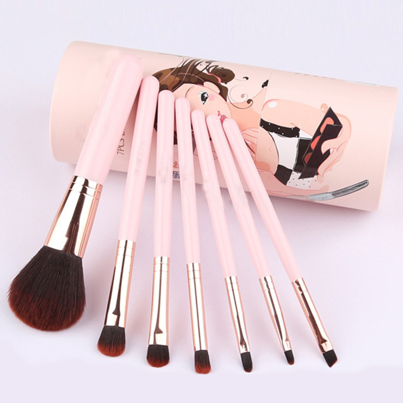 Beautichen 7-Piece Pink Makeup Brush Set with Wooden Handle &amp; Brush Holder