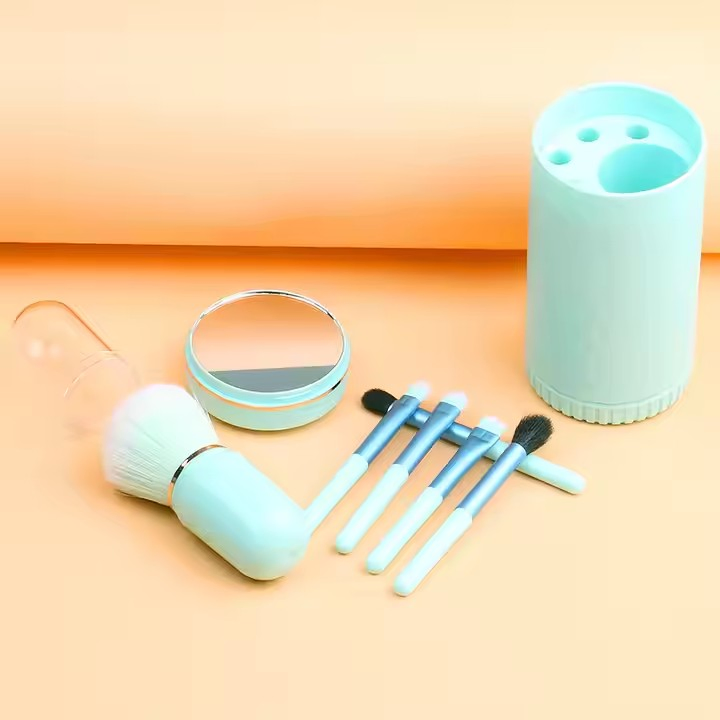 6 in 1 Small Cute Makeup Brush Set Custom Portable Travel Size Face Makeup Brush Eyebrow Pencilbrush Holder with Mirror