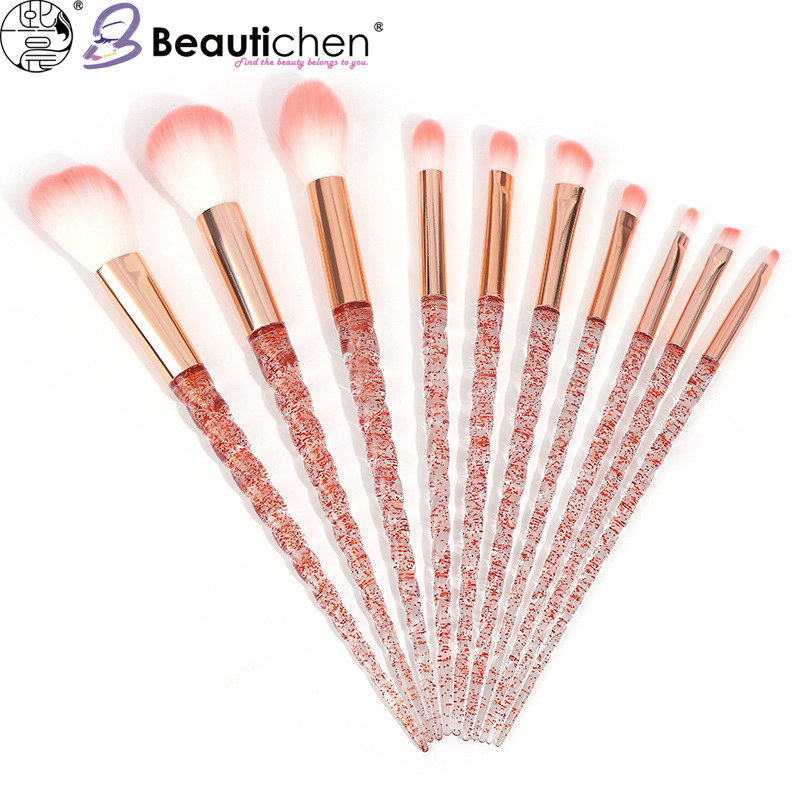 Beautichen 10PCS Red Glitter Handle Makeup Brush Set – Pink Gradient Bristles, Soft Synthetic Fiber for Blush, Contour, Eyeshadow &amp; Blending