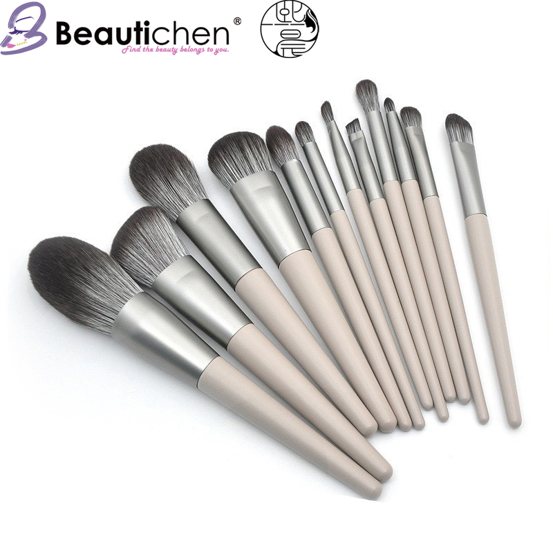 Beautichen 12PCS Milk Grey Ultra-Soft Makeup Brush Set - Portable Eyeshadow &amp; Foundation Brushes Set