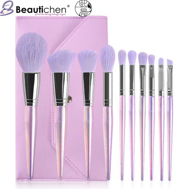 Beautichen 10PCS Luxury Amethyst Makeup Brush Set with Elegant Pouch - Complete Loose Powder/Contour/Blush/Eyeshadow Brushes Kit for Beginners