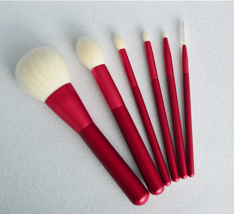 6PCS Natural Wool Hair Red Makeup Brush Set with Bag and Air Cushion Beauty Powder Blend Brush Eye Brush Tool