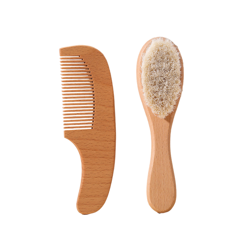 Natural Wooden Soft Wool Massage Brushes Baby Hair Brush and Comb Set for Infant