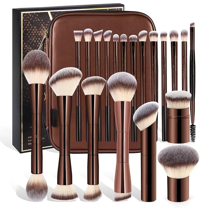 Beautichen Luxury Makeup Brush Set with 9 Professional Brushes - Natural Brown Hair &amp; Gold Geometric Handles, Champagne &amp; Dark Brown Design, Velvet Lined Case