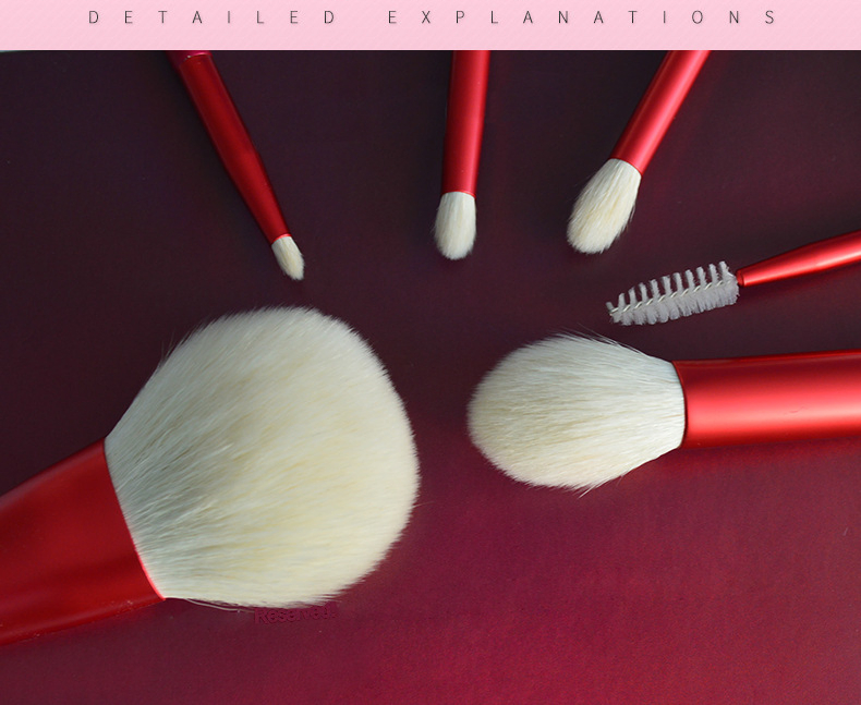 6PCS Natural Wool Hair Red Makeup Brush Set with Bag and Air Cushion Beauty Powder Blend Brush Eye Brush Tool