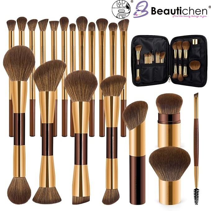 Beautichen Luxury Makeup Brush Set with 9 Professional Brushes - Natural Brown Hair &amp; Gold Geometric Handles, Champagne &amp; Dark Brown Design, Velvet Lined Case