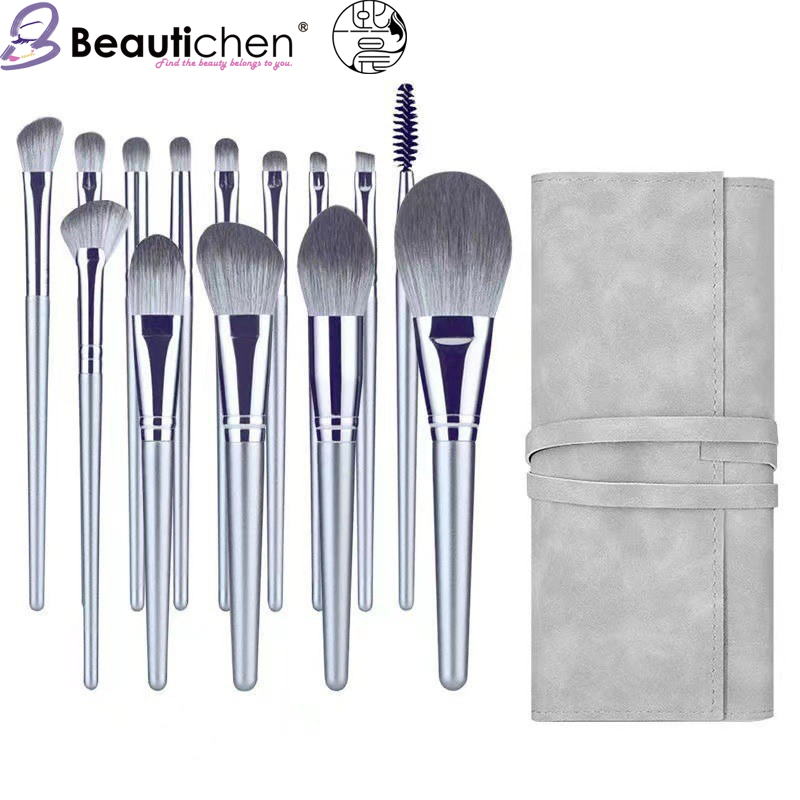 Beautichen 14PCS Silver Plush Makeup Brush Set with Pouch - Beginner-Friendly Loose Powder/Foundation/Blush Brushes Ready Stock, Factory Direct Wholesale