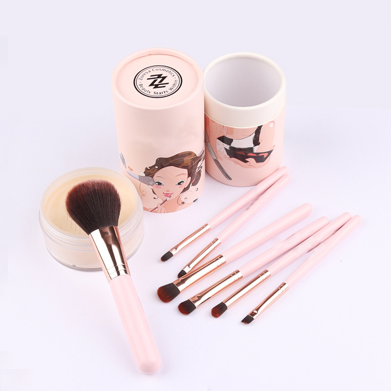 Beautichen 7-Piece Pink Makeup Brush Set with Wooden Handle &amp; Brush Holder