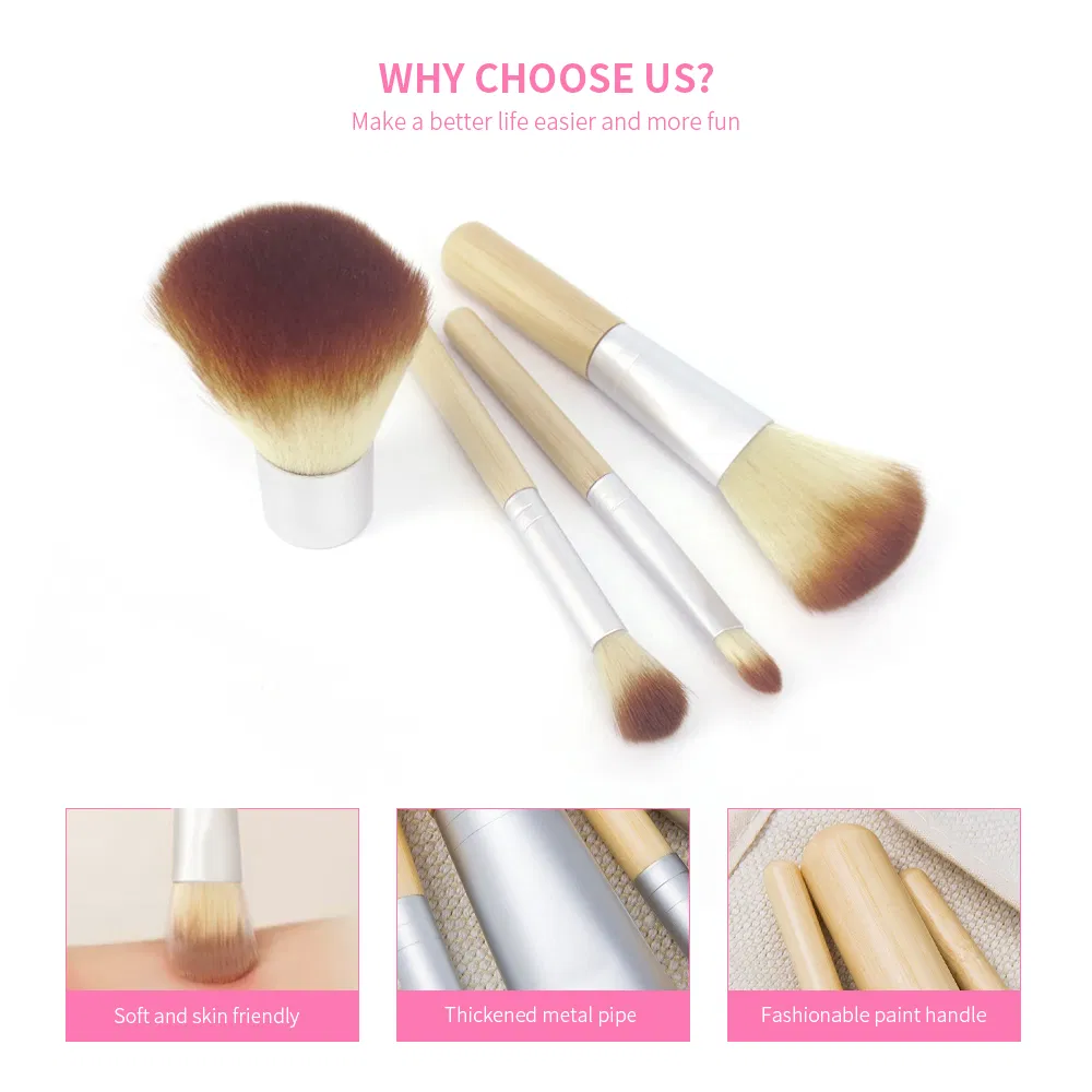 4PCS Face Eye Shadow Soft Hair Wooden Bamboo Handle Nail Art Cosmetic Makeup Brush Set with Bag