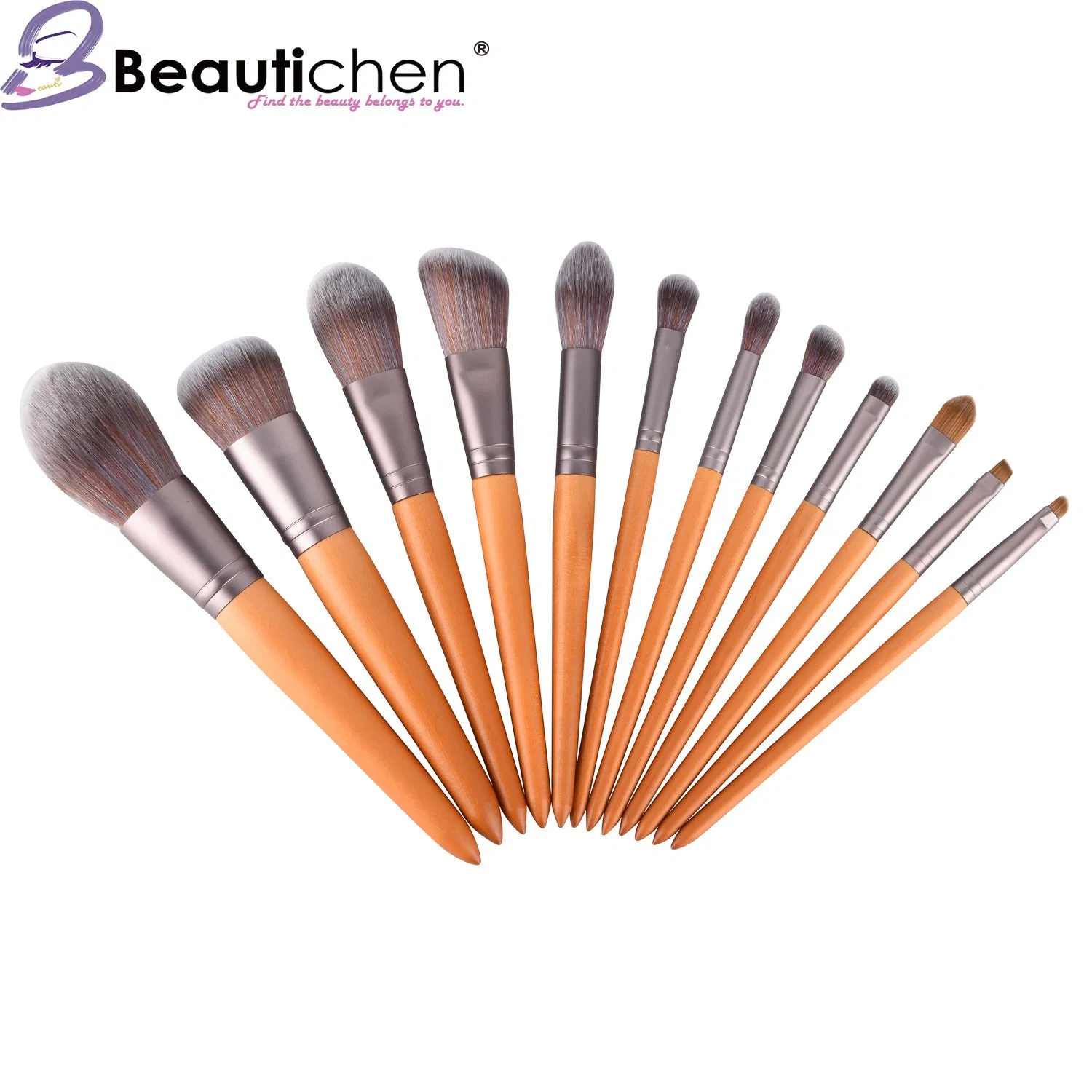 Beautichen Private Label Customized 12 Pieces Portable Brown Wood Synthetic Wholesale Travel Logo Vegan Eye Custom Makeup Brush Set