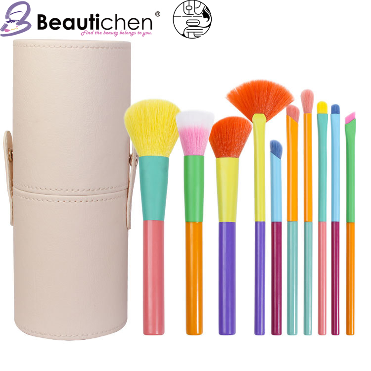 Beautichen 10PCS Pastel Makeup Brush Set with Storage Barrel - Plush Bristles Powder/Stippling/Eyeshadow Brushes Kit, Full Cosmetic Tools