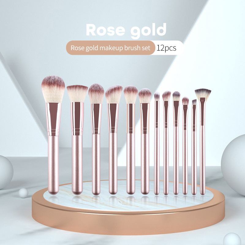 Professional 12PCS Cosmetic Brushes Kit ODM OEM Factory Luxury Rose Gold Makeup Brushes Set with Travel Portable Bag