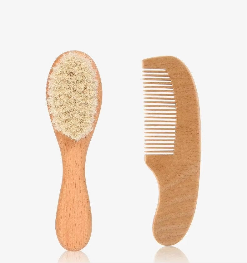 Natural Wooden Soft Wool Massage Brushes Baby Hair Brush and Comb Set for Infant