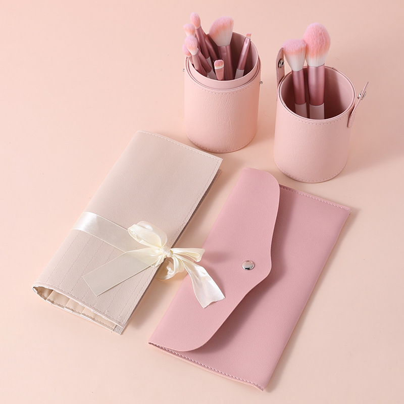 Beautichen 12PCS Pink Plush Makeup Brush Set with Beige Bow Pouch - Beginner-Friendly Stippling Blush &amp; Loose Powder Eyeshadow Brushes Full Kit