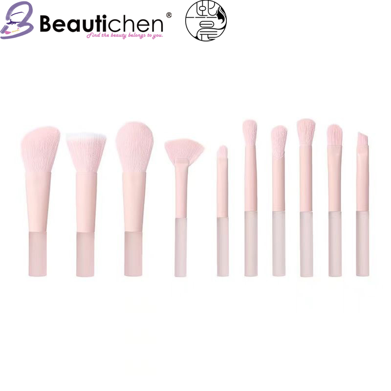 Beautichen 10-Piece Pink Acrylic Mini Travel Makeup Brush Set - High-Gloss Loose Powder Brushes Essential, Compact Cosmetic Kit