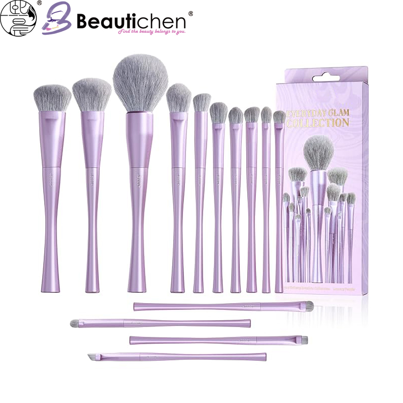 Beautichen 14-Piece Makeup Brush Set – Ultra-Soft Grey Bristles &amp; Purple Metal Handles, Portable Cosmetic Brush Kit for Face &amp; Eyes